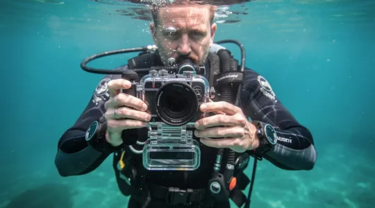 Plongeur tenant un appareil photo en caisson étanche près de la surface turquoise