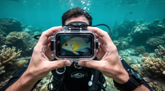 Plongeur photographiant poisson tropical avec caisson étanche compact en récif corallien