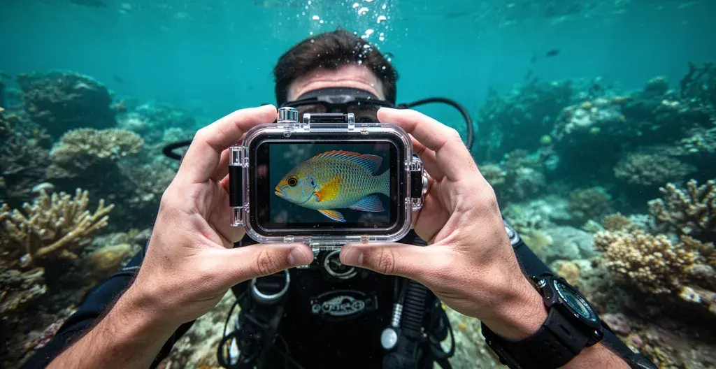 Plongeur photographiant poisson tropical avec caisson étanche compact en récif corallien