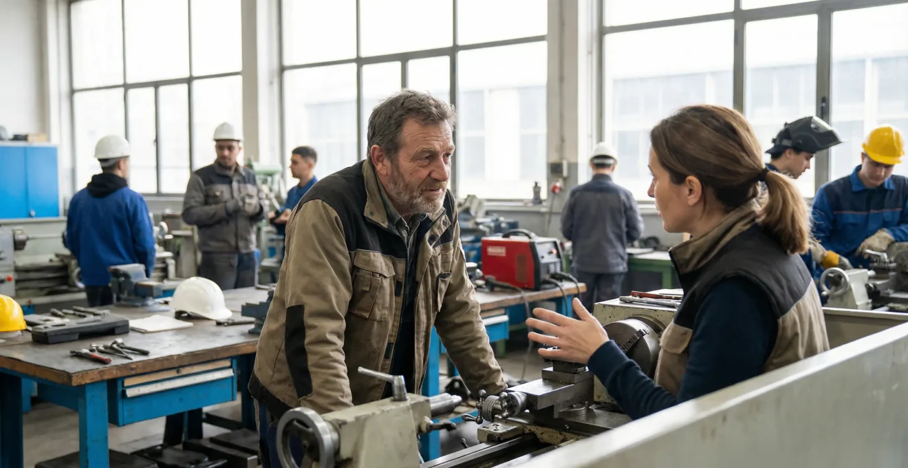 Adulte en reconversion professionnelle écoutant un formateur dans un atelier de formation pratique