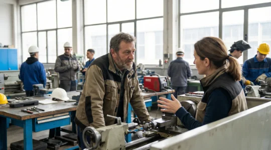 Adulte en reconversion professionnelle écoutant un formateur dans un atelier de formation pratique