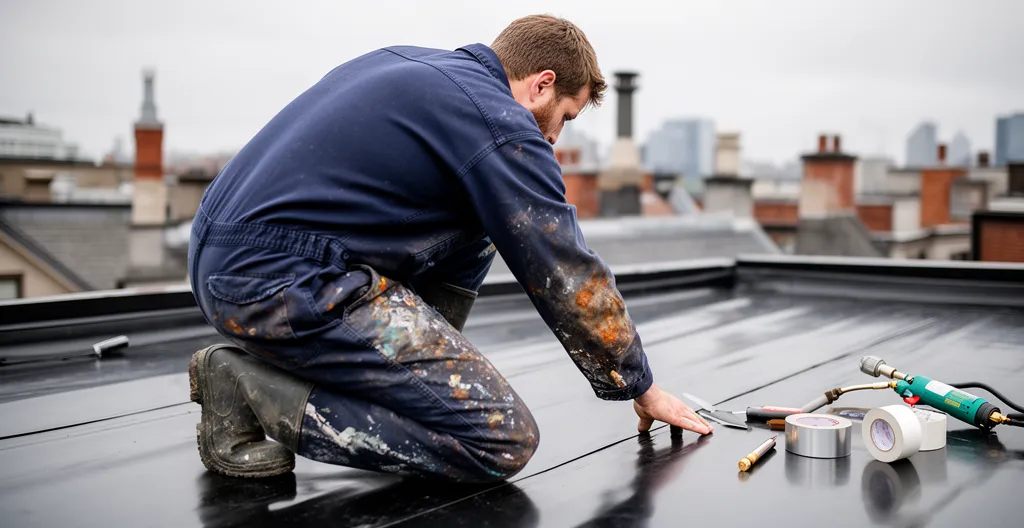 Couvreur professionnel inspectant une membrane élastomère sur un toit plat à Montréal