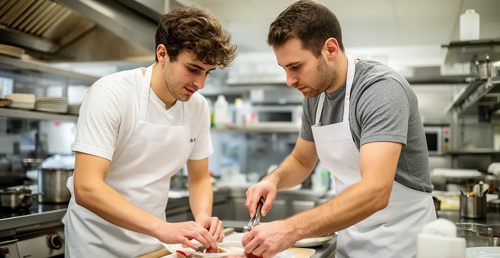 Apprenant adulte en formation pratique aux côtés d'un professionnel en environnement de travail réel