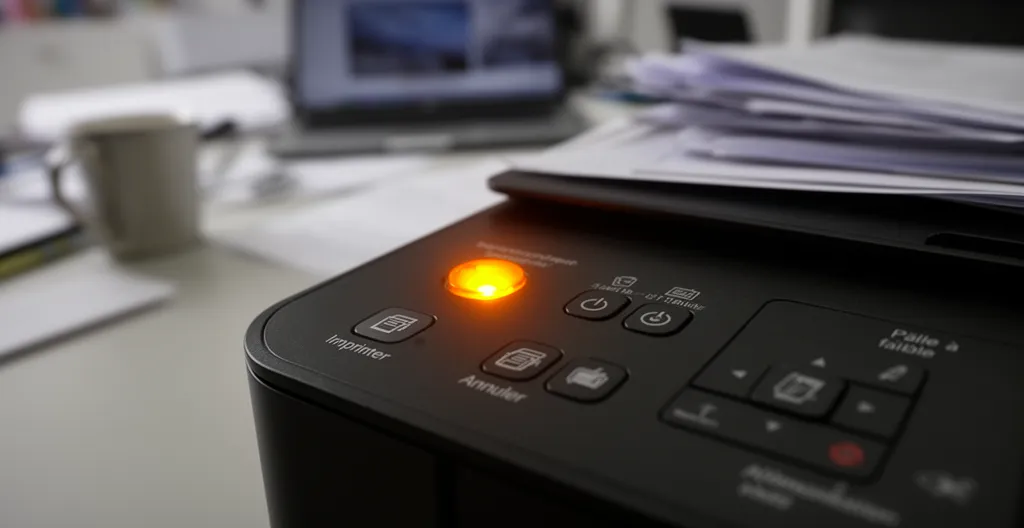 Panneau de contrôle d'une imprimante jet d'encre avec voyant d'avertissement orange allumé
