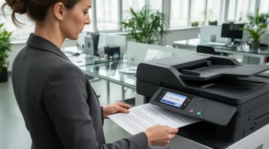 Collaboratrice récupérant des documents imprimés sur une imprimante laser multifonction dans un open space