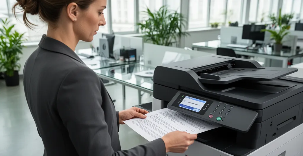 Collaboratrice récupérant des documents imprimés sur une imprimante laser multifonction dans un open space