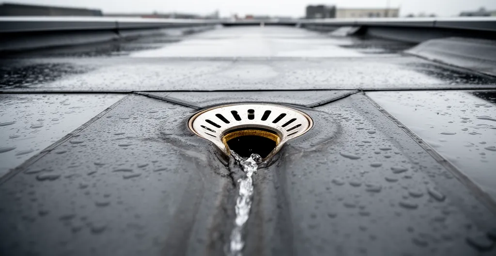Système de drainage sur toit plat avec eau s'écoulant vers le drain central