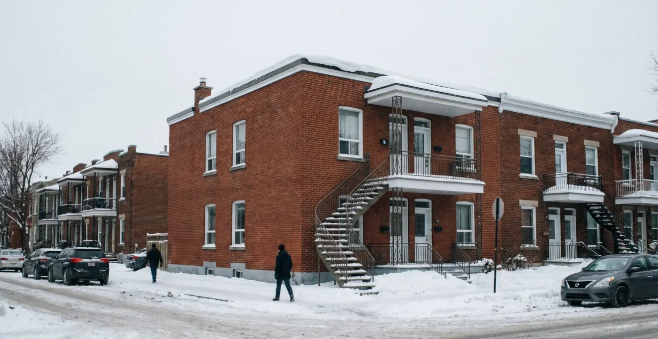 Toit plat résidentiel couvert de neige dans un quartier de Montréal en hiver