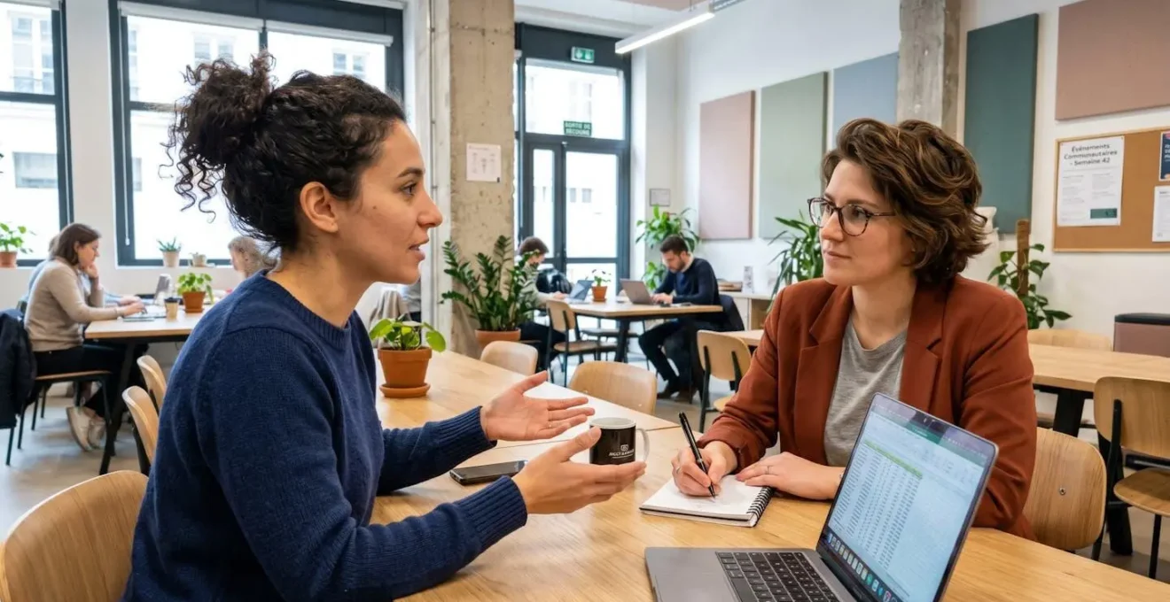 Deux professionnels vus de profil lors d'un entretien dans un espace de coworking lumineux, l'un prend des notes pendant que l'autre s'exprime avec des gestes ouverts, ambiance collaborative et respectueuse