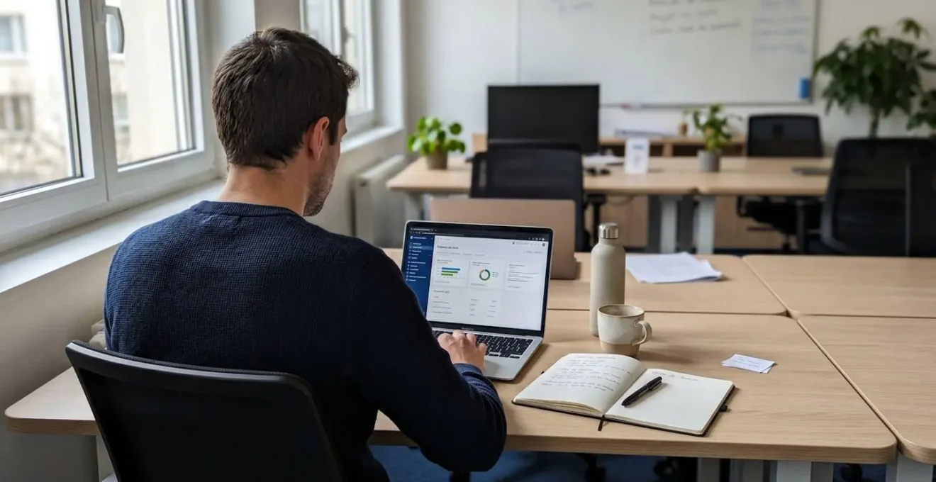 Professionnel vu de dos travaillant à un bureau contemporain avec ordinateur portable et carnet de notes, lumière naturelle de fenêtre créant une atmosphère calme et concentrée