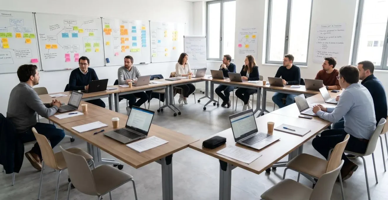 Salle de formation contemporaine et lumineuse avec tables disposées en U, ordinateurs portables ouverts et paperboards avec schémas colorés au mur, environnement organisé et accueillant sans personne au premier plan