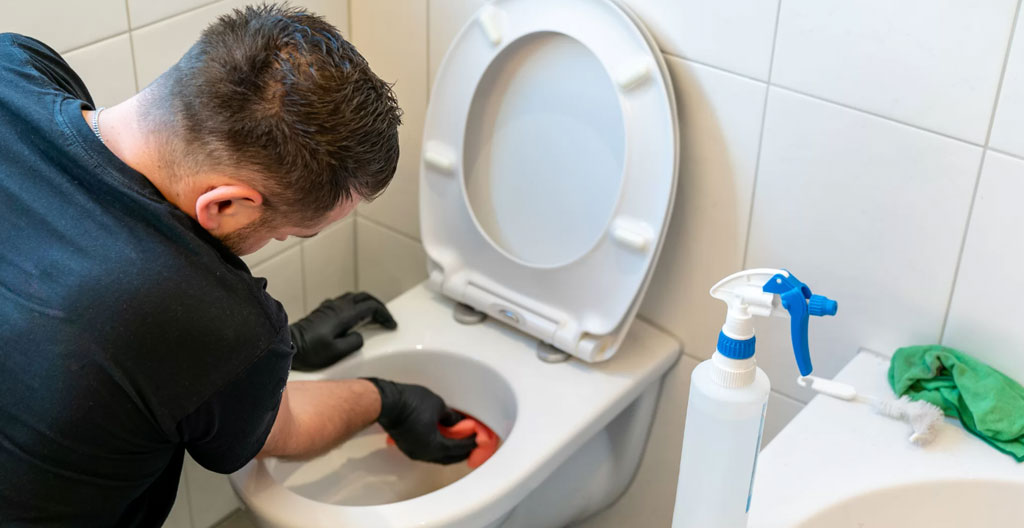 Technicien Allomat effectuant l'entretien régulier d'un WC autonome