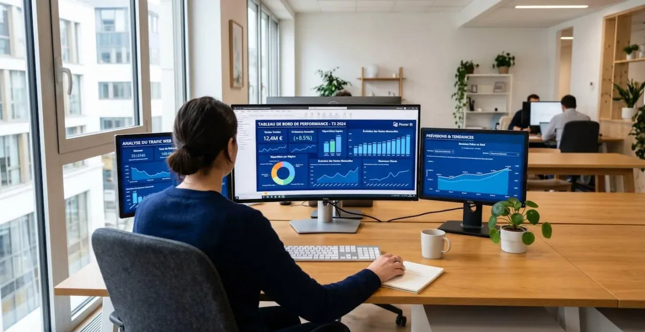 Analyste de données travaillant sur tableaux de bord analytics et graphiques de performance business sur écrans multiples