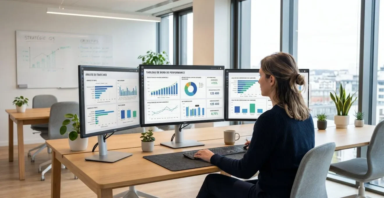 Analyste de données travaillant sur tableaux de bord analytics et graphiques de performance business sur écrans multiples