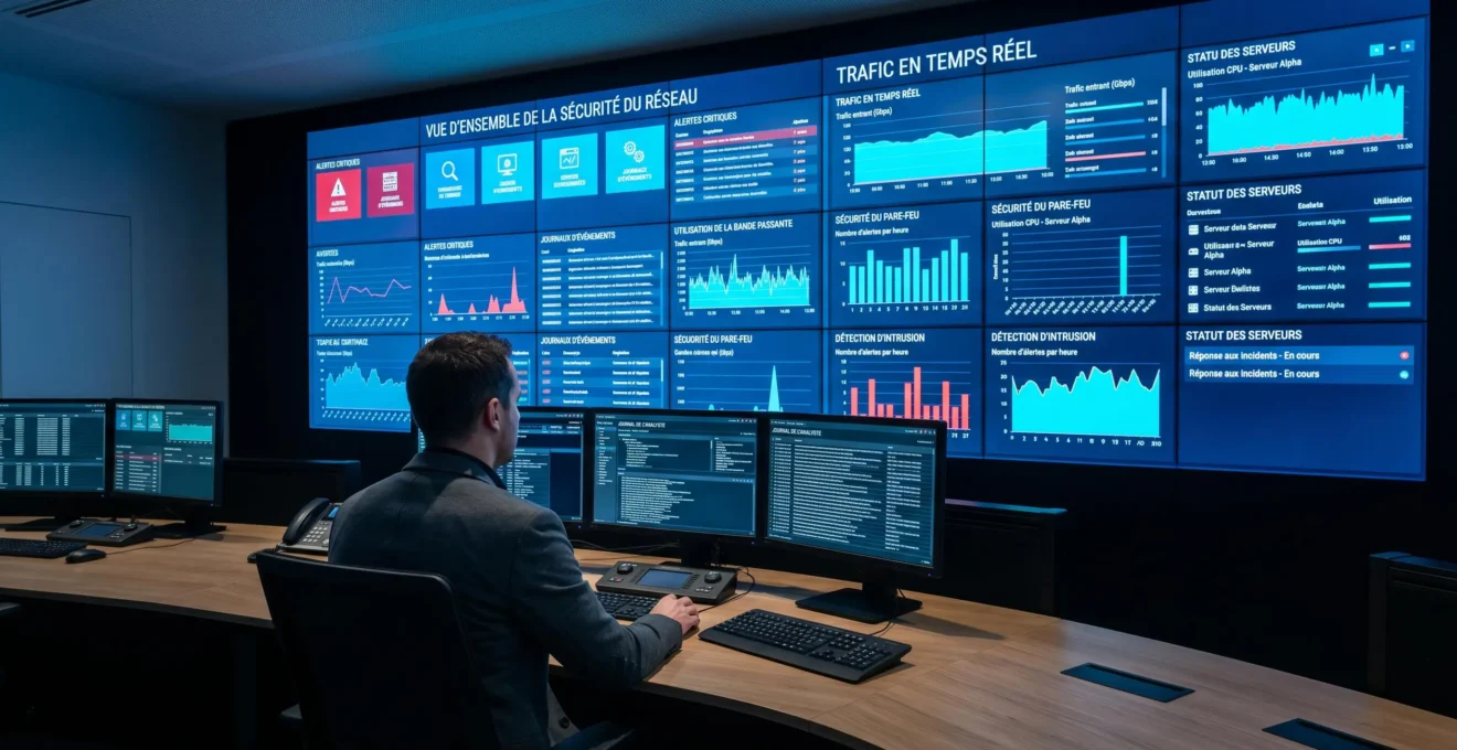 Centre opérationnel de sécurité avec opérateur surveillant écrans de monitoring réseau et alertes cybersécurité en temps réel