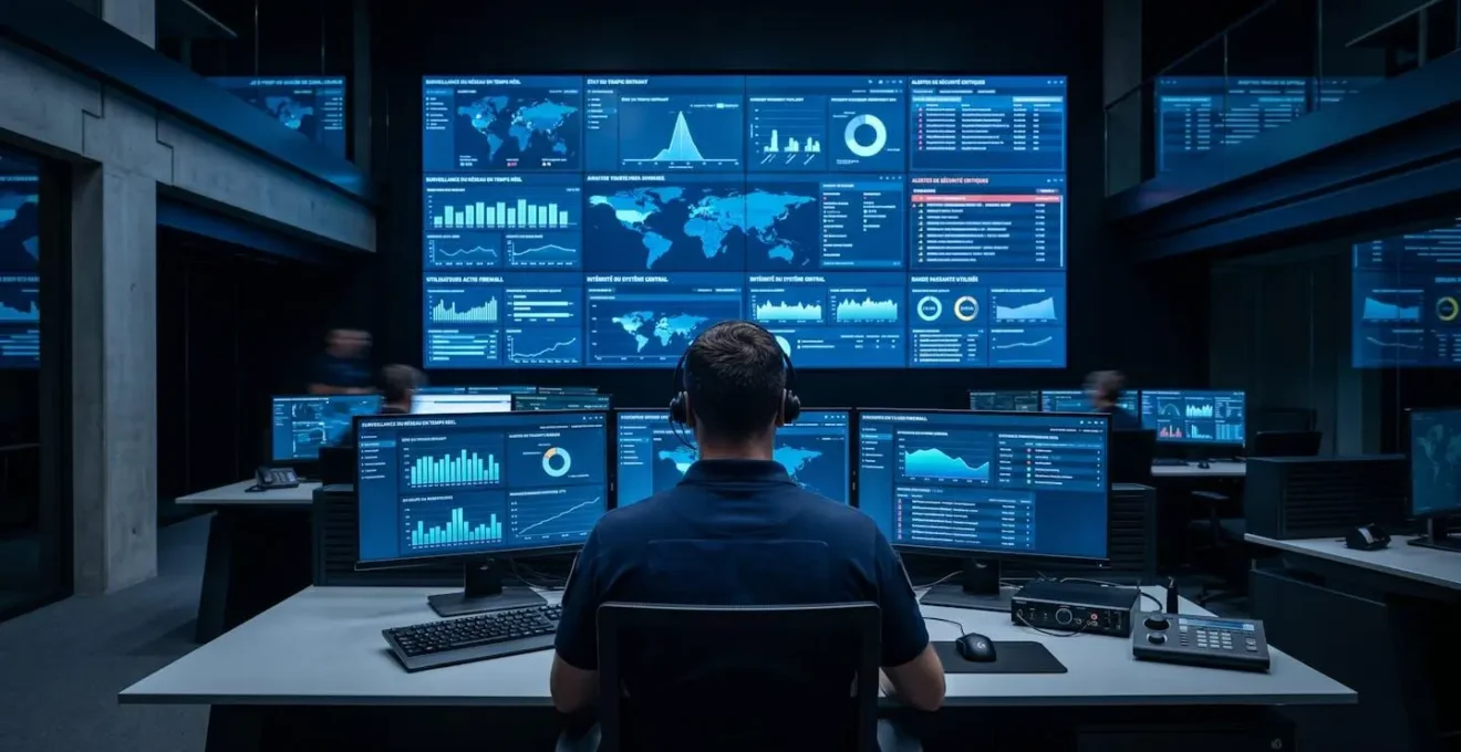 Centre opérationnel de sécurité avec opérateur surveillant écrans de monitoring réseau et alertes cybersécurité en temps réel