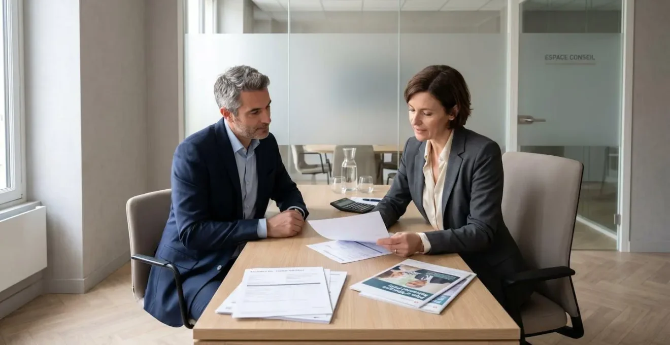 Conseiller financier et client en consultation dans une agence mutualiste française, échangeant sur documents de préparation retraite dans un bureau contemporain épuré avec lumière naturelle
