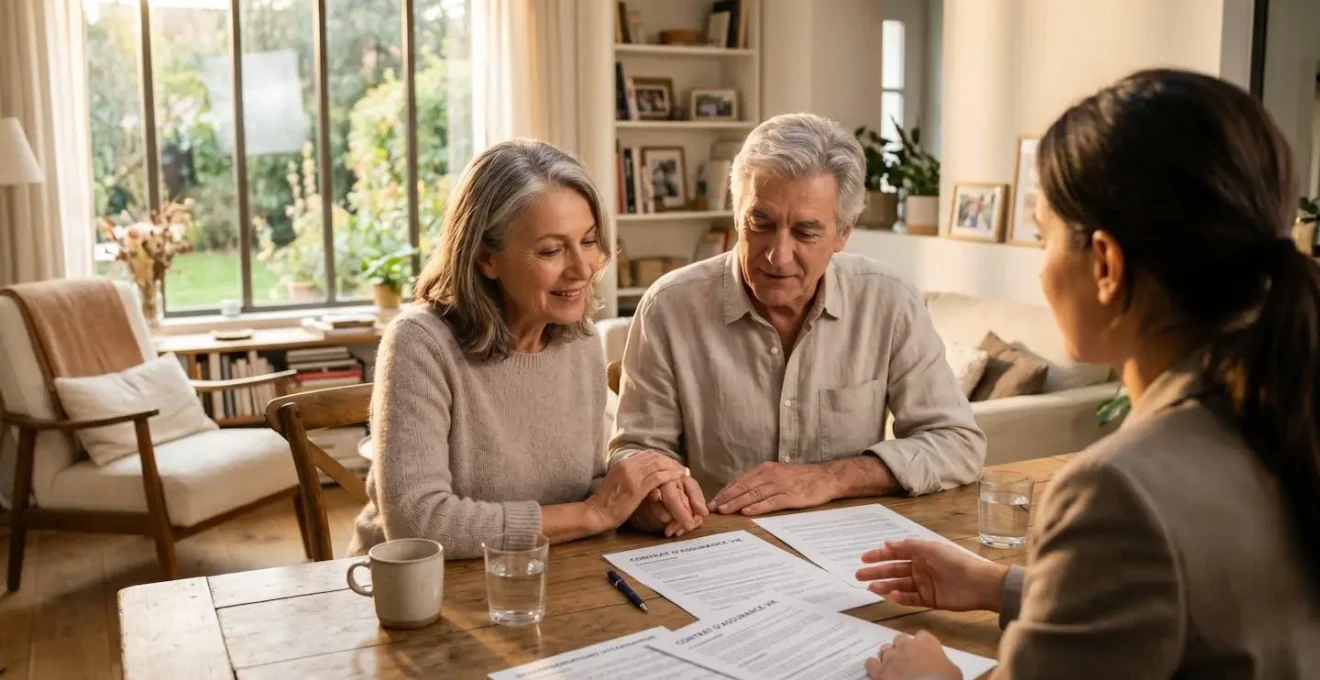 Couple de seniors discutant de la transmission de leur assurance vie avec un conseiller autour d'une table à domicile, dans une ambiance familiale et lumineuse