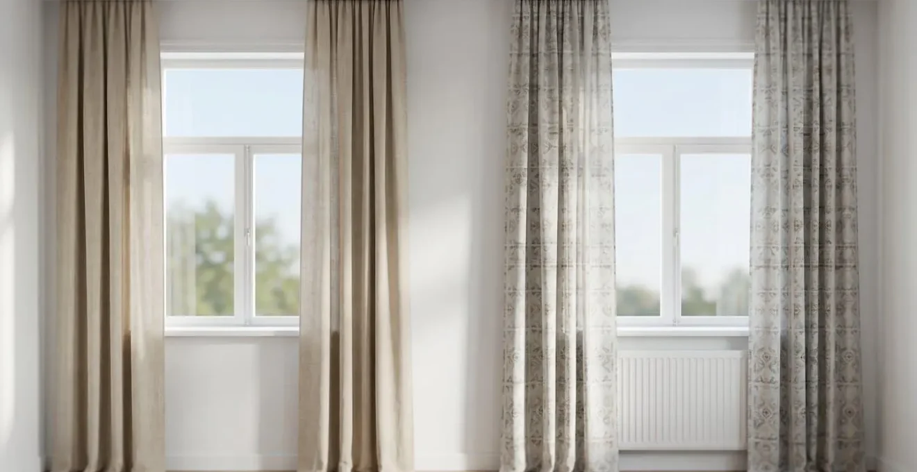 Deux fenêtres côte à côte avec rideaux unis et rideaux à motifs géométriques dans un intérieur blanc minimaliste