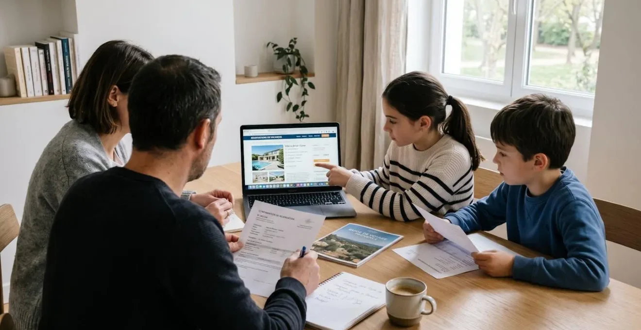 Famille consultant ensemble des documents de réservation et un ordinateur pour planifier leur séjour au ski dans un intérieur contemporain épuré