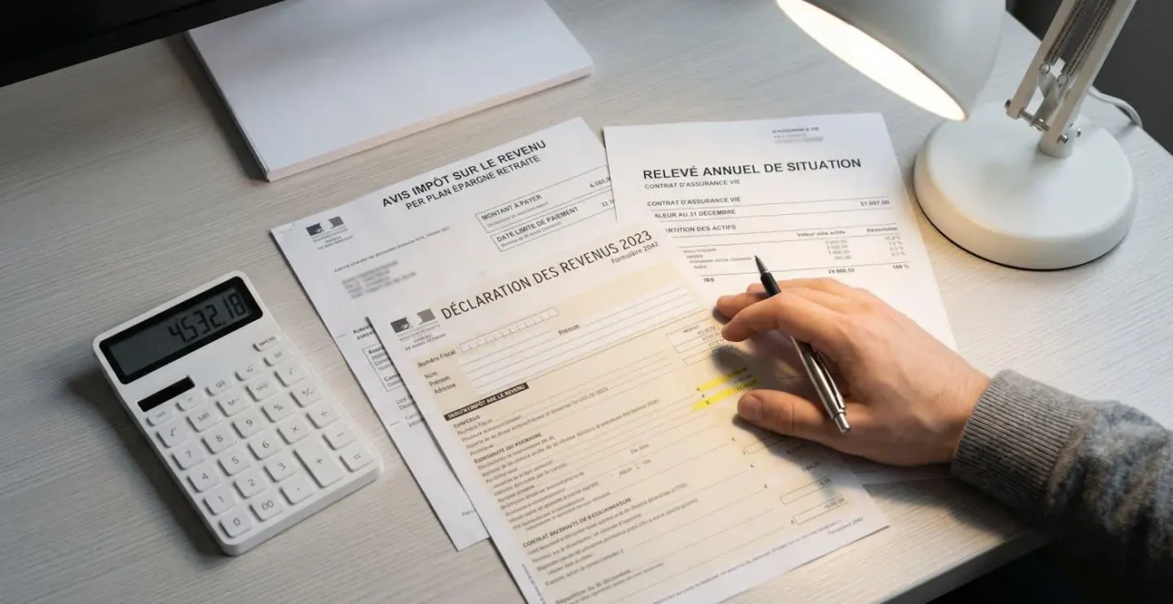 Gros plan sur des documents fiscaux français relatifs à l'épargne retraite (déclaration revenus, notice PER) disposés sur un bureau professionnel avec calculatrice et main pointant un chiffre