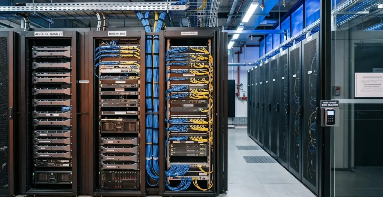 Infrastructure datacenter européen moderne avec baies de serveurs, équipements réseau et systèmes de contrôle d'accès sécurisés