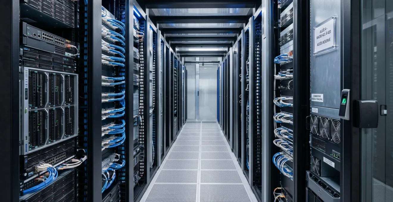 Infrastructure datacenter européen moderne avec baies de serveurs, équipements réseau et systèmes de contrôle d'accès sécurisés