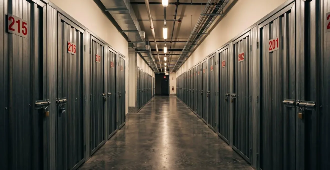 Vue en couloir d'un entrepôt de self-stockage avec des portes de boxes alignées sous éclairage fluorescent