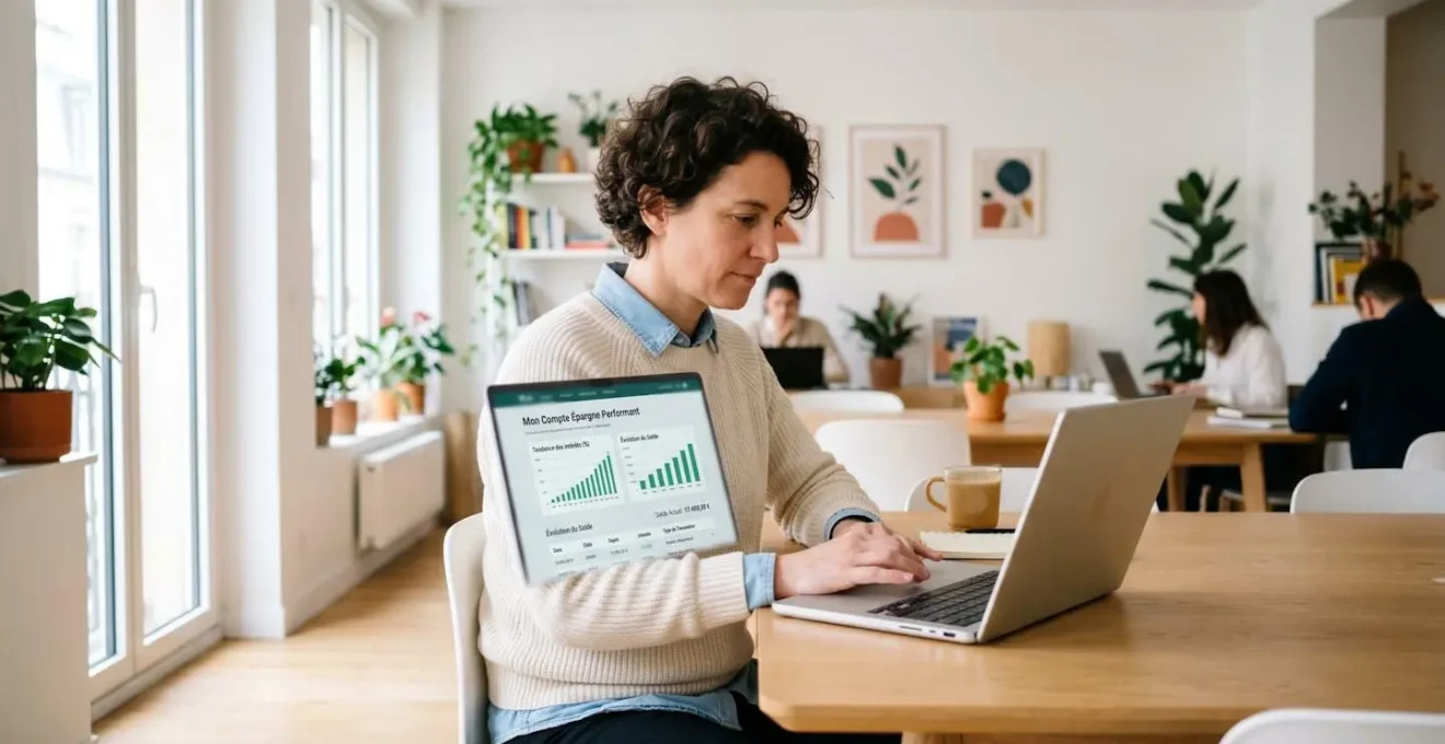 Professionnel actif de 40-45 ans consultant sur ordinateur portable l'interface de son contrat d'épargne en ligne dans un espace de travail lumineux et moderne