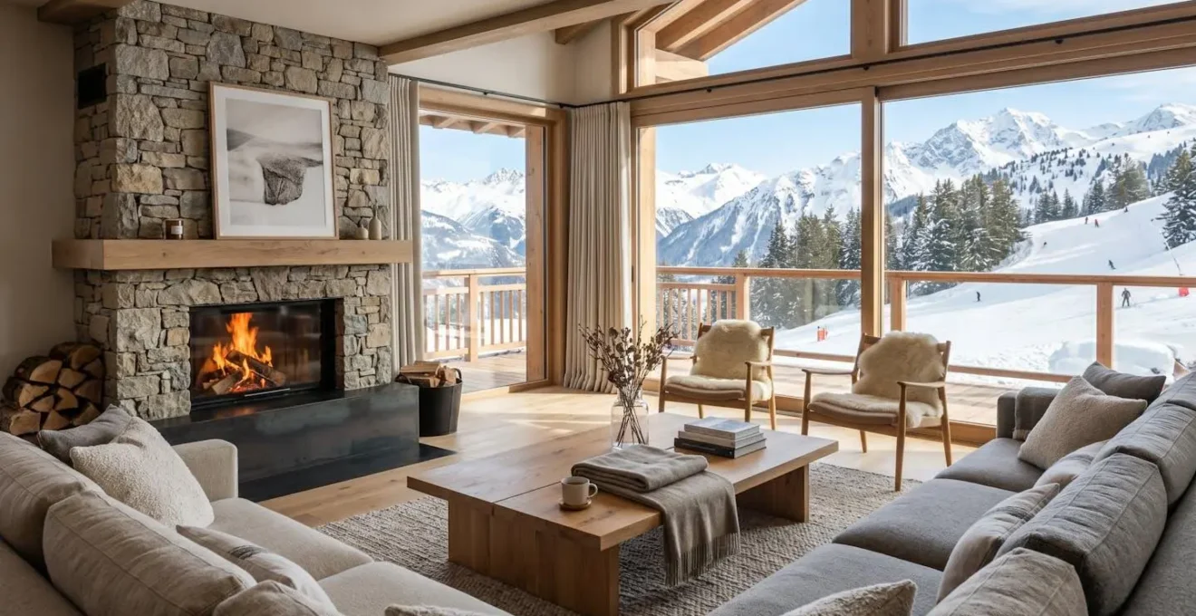 Salon spacieux d'un chalet haut de gamme à Courchevel avec cheminée en pierre, canapés contemporains et baie vitrée donnant vue directe sur les pistes de ski enneigées
