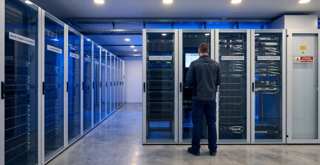 Technicien de maintenance dans une salle de serveurs moderne avec infrastructure Cloud, baies de stockage et systèmes de monitoring éclairés