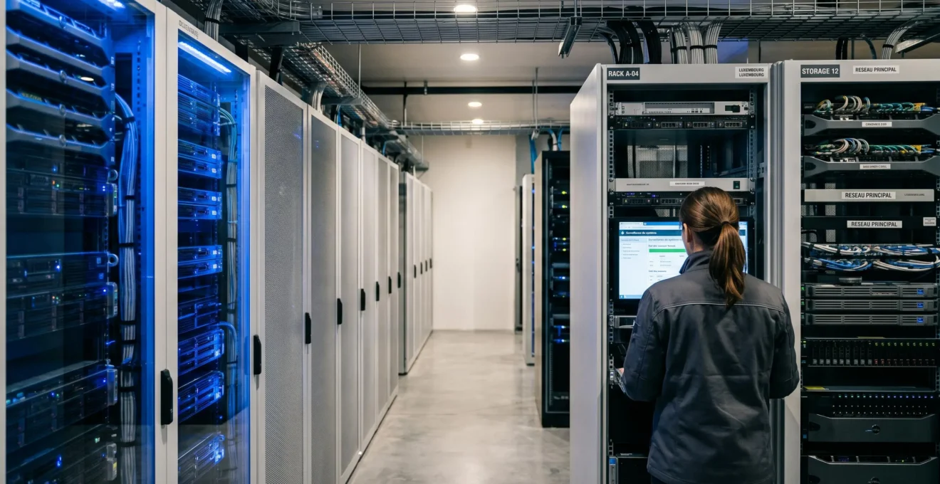 Technicien de maintenance dans une salle de serveurs moderne avec infrastructure Cloud, baies de stockage et systèmes de monitoring éclairés