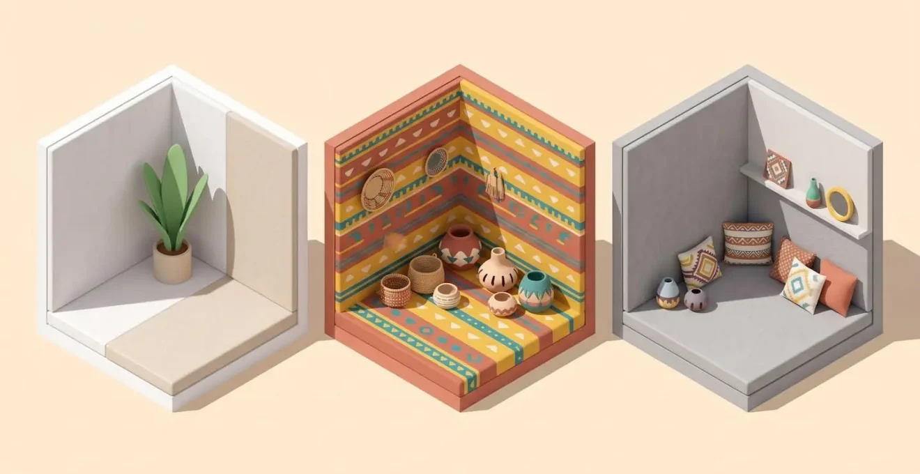 Trois niches architecturales en illustration 3D isométrique représentant trois profils déco : minimaliste uni, bohème imprimé, et mixte