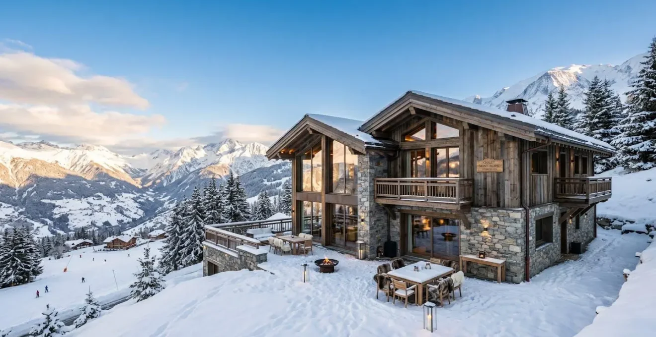 Vue extérieure d'un chalet contemporain haut de gamme à Courchevel avec façade bois et pierre, grandes baies vitrées et panorama sur les Trois Vallées enneigées sous ciel bleu hivernal